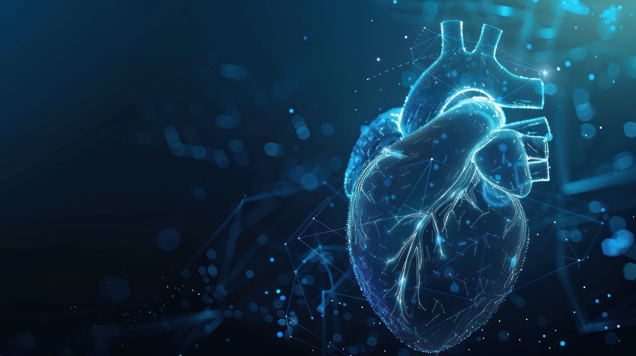 Anatomy human heart shape neon glowing light wireframe low poly style. AI generated image