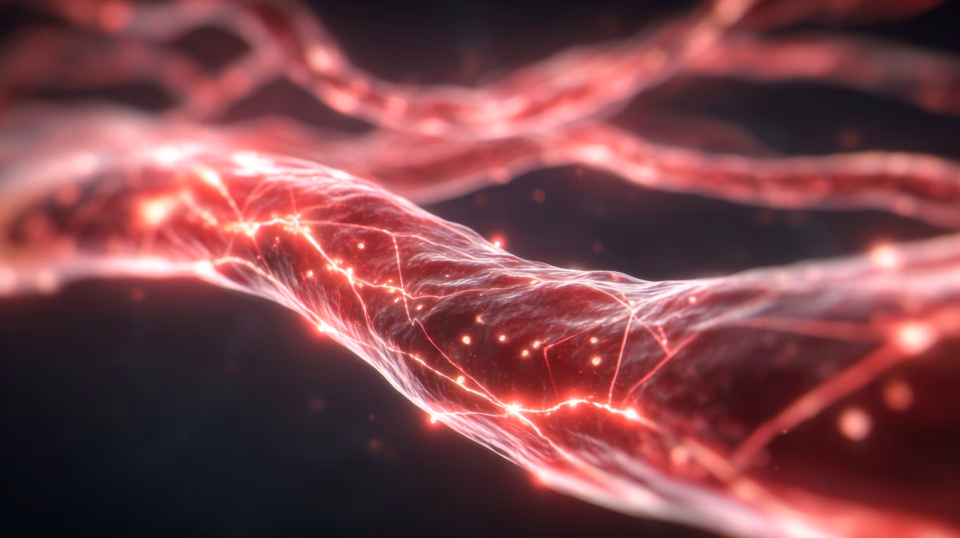 Dynamic image showing rhythmic red pressure waves highlighting high blood flow resistance in hypertensionaffected arteries.