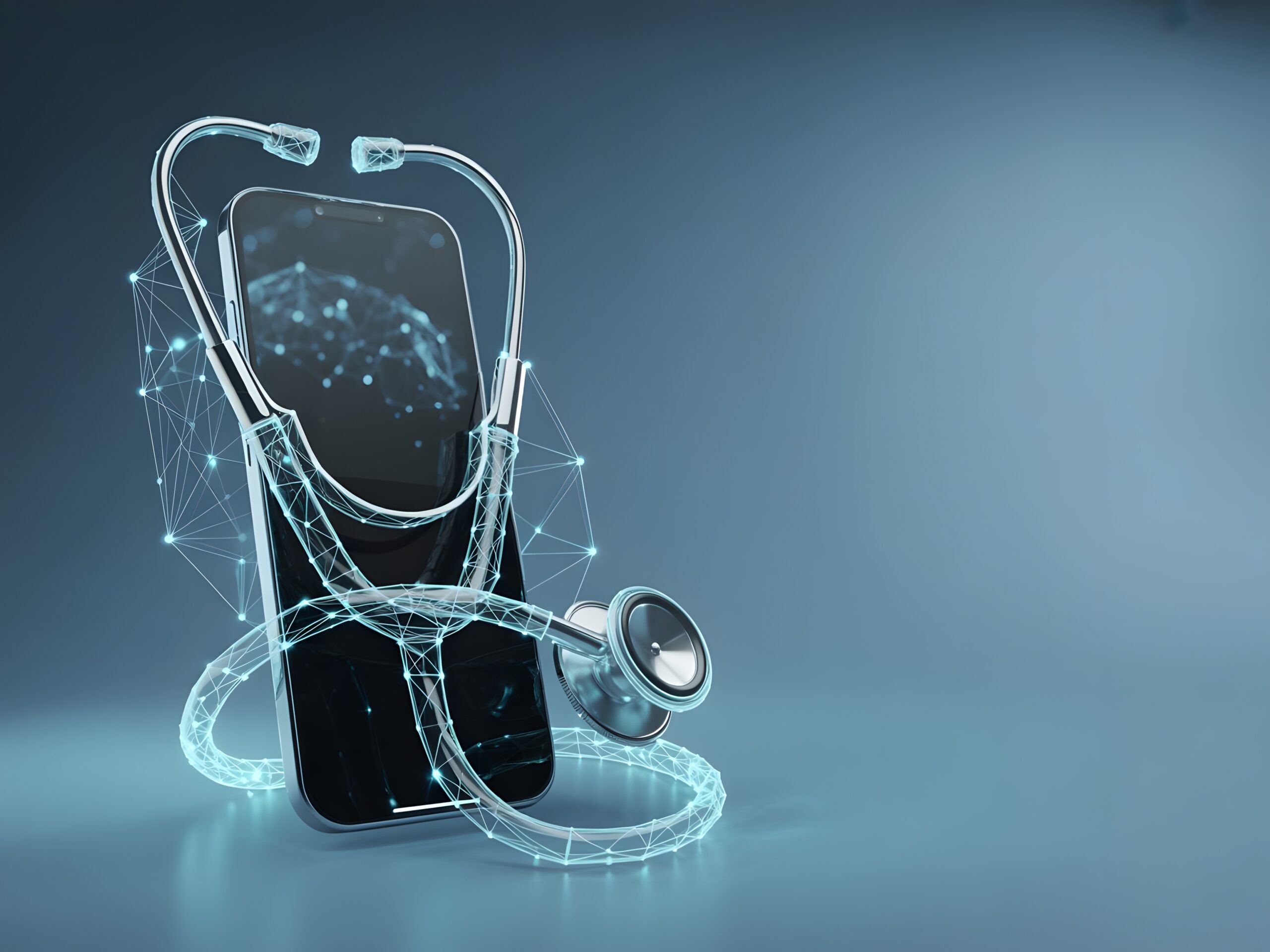 Abstract stethoscope integrated with a smartphone screen, representing digital health, telemedicine, and medical technology health care